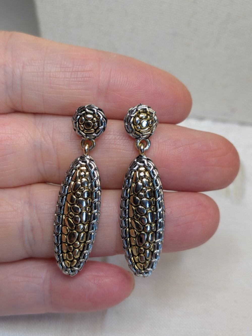 Two‑Tone Textured Oval Dangle Earrings – Sculptural Artisan Style - Picture 3 of 6